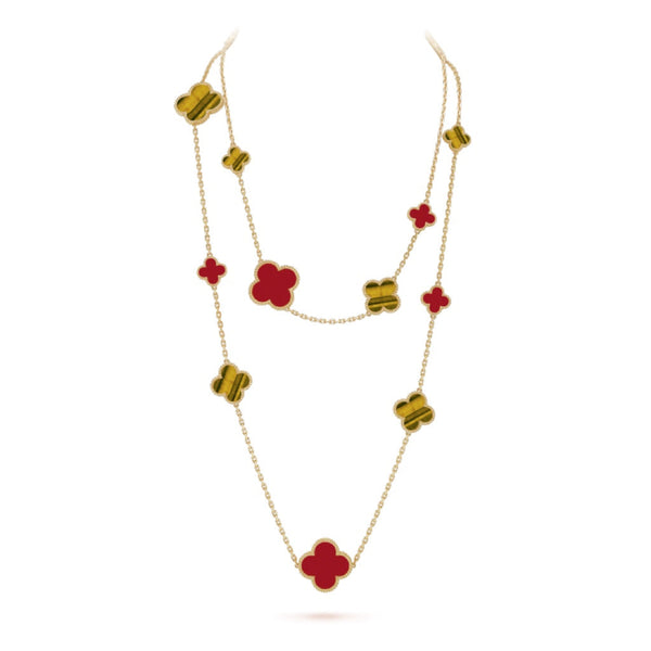 <ORIELL>CLOVER 16 MOTIF CARNELIAN TIGER EYE ROSE GOLD NECKLACE