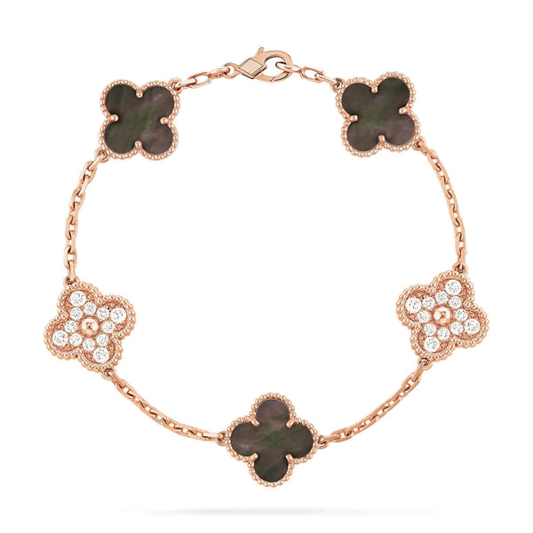 <ORIELL>CLOVER 5 MOTIFS DARK MOP AND DIAMONDS BRACELET
