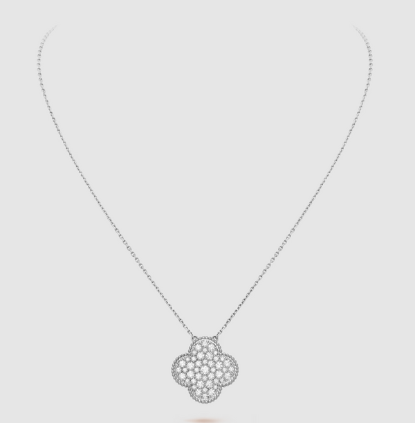 <ORIELL>CLOVER 25MM LARGE PENDANT DIAMOND PAVED SILVER NECKLACE