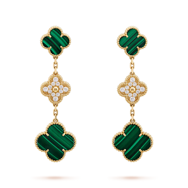 <ORIELL>CLOVER EARRINGS GOLD MALACHITE DIAMOND 3 MOTIF