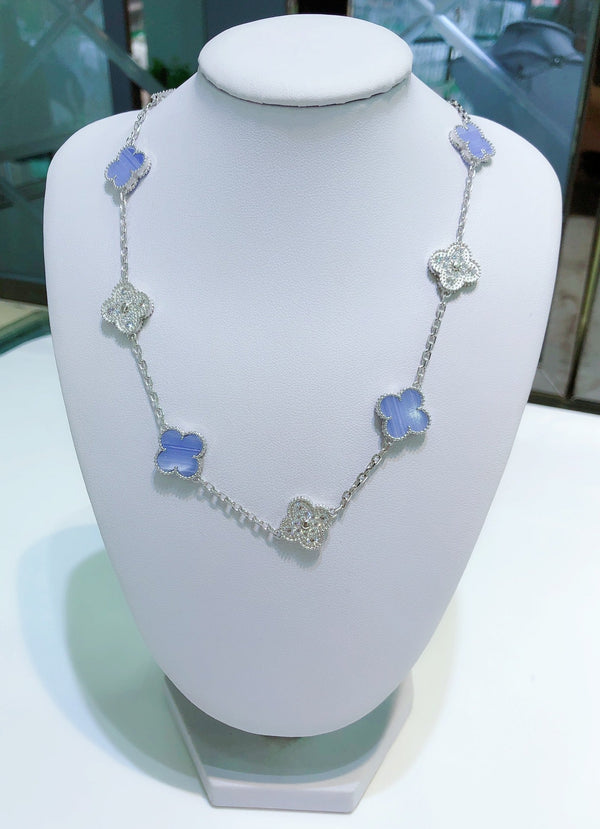 <ORIELL>CLOVER 10 MOTIFS CHALCEDONY DIAMONDS SILVER NECKLACE